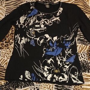 Floral Black and Blue Women's Top Sz Lg